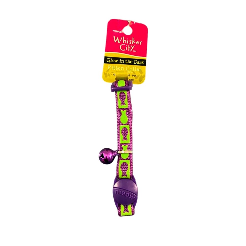 Whisker City Kitten Collar 6-9in Purple Glow in the Dark New Fish Bone Bell